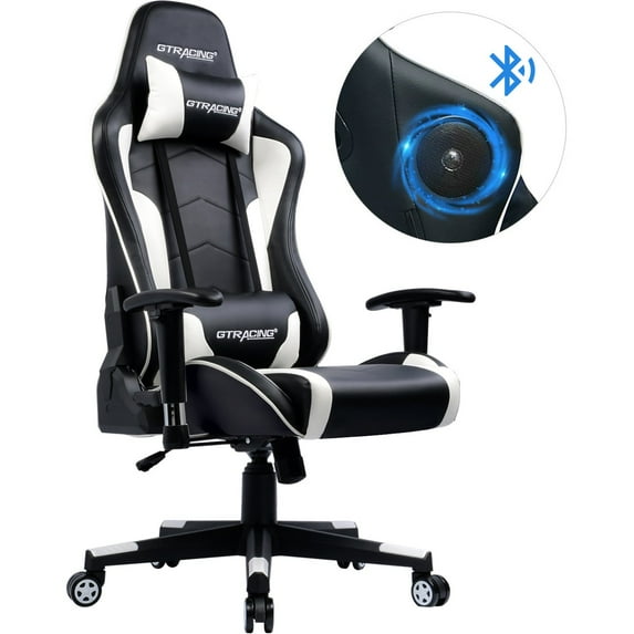 GTRACING Gaming Chair PU Office Chair with Speakers Bluetooth in Home, White