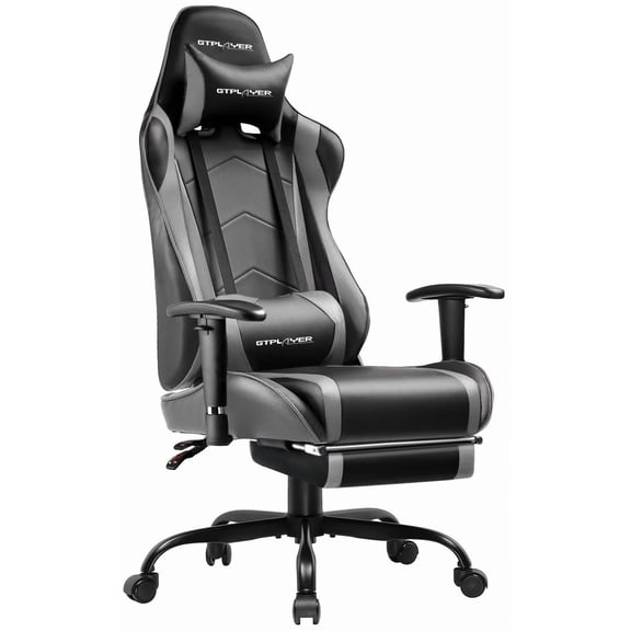 GTPLAYER Gaming Chair with Footrest PU Leather Office Chair with Adjustable Headrest, Gray