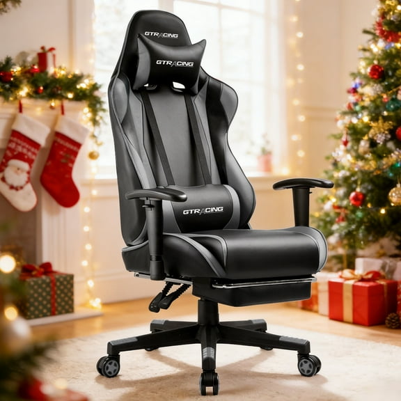 GTRACING Gaming Chair with Footrest PU Leather Office Chair with Adjustable Headrest, Gray