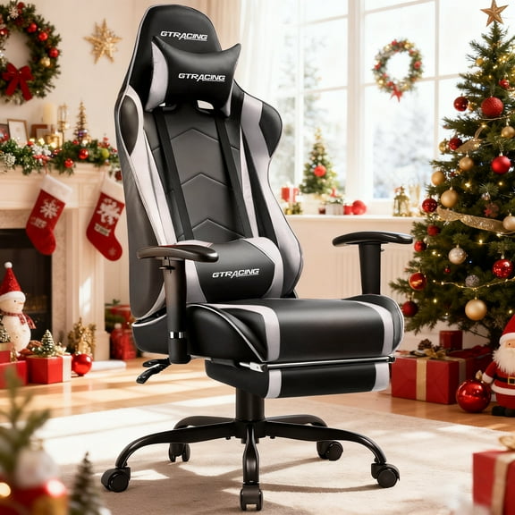 GTRACING Gaming Chair with Footrest PU Leather Office Chair with Adjustable Headrest, White