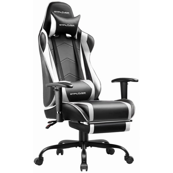 GTPLAYER Gaming Chair with Footrest PU Leather Office Chair with Adjustable Headrest, White