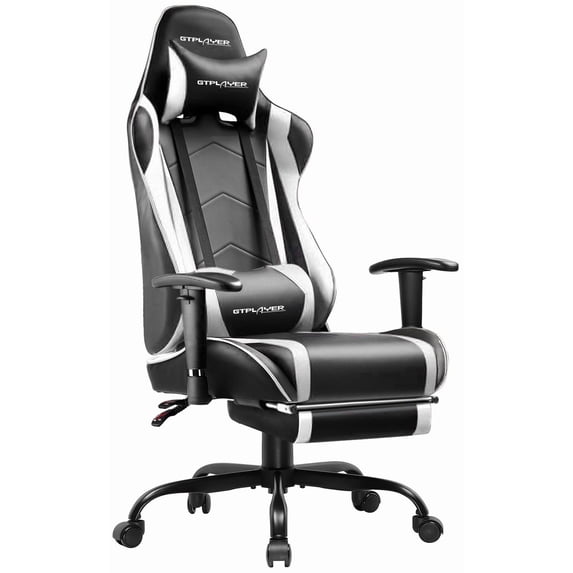 GTPLAYER Gaming Chair with Footrest PU Leather Office Chair with Adjustable Headrest, White