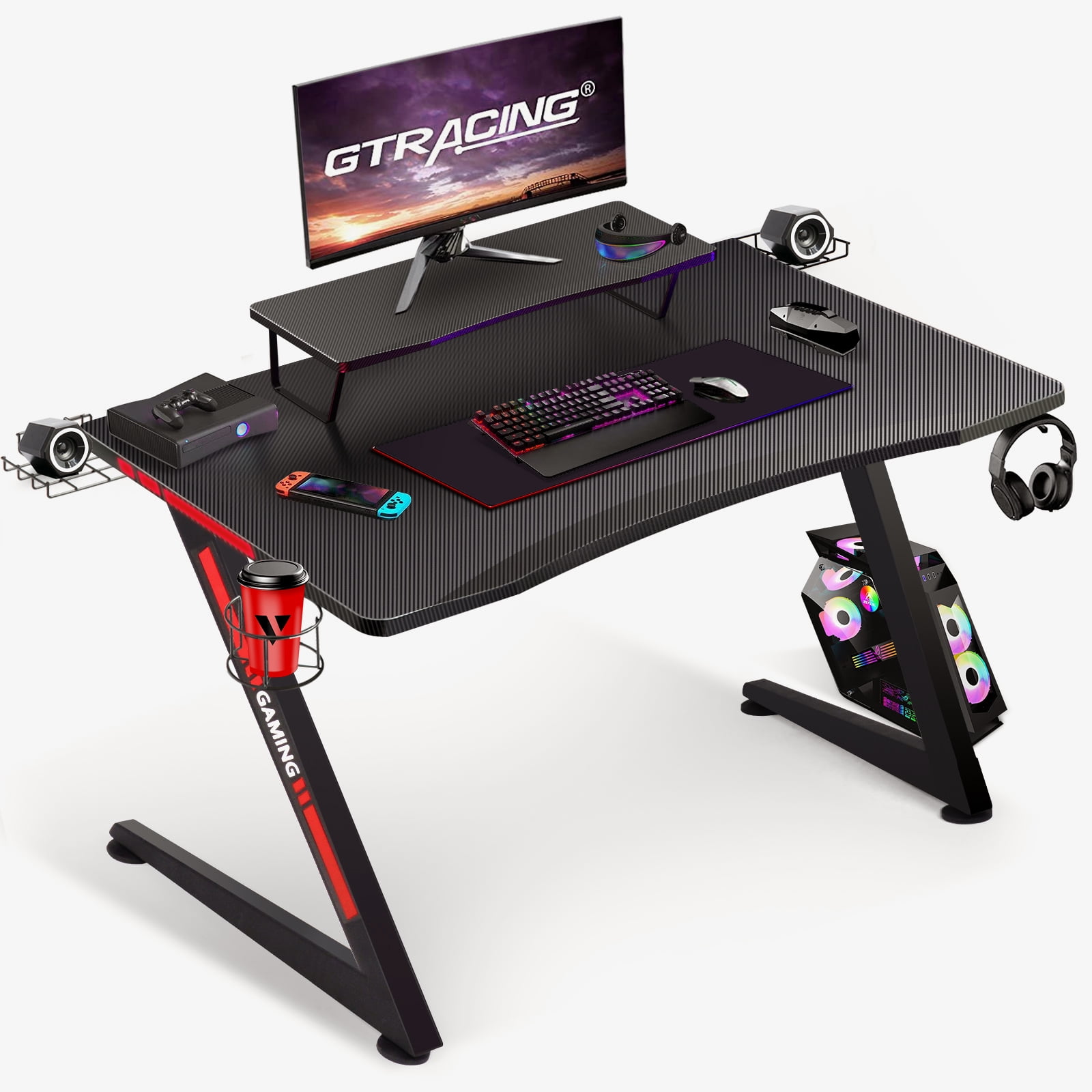 GTRACING Gaming Desk Computer Office Desk with Minitor Stand, Black