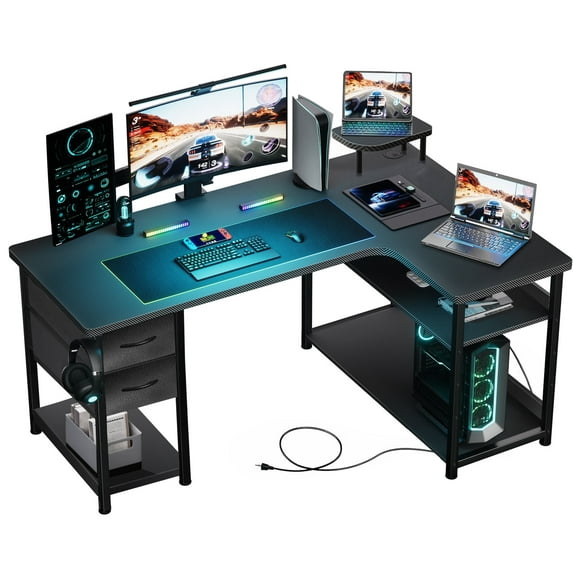 GTRACING Gaming Desk with Drawers, Carbon Fiber Style L Shaped Computer Desk Compatible with Monitor Arm Corner Desk Gaming Table for Home Office Desks, Easy to Assemble Adjustable Shelf Height