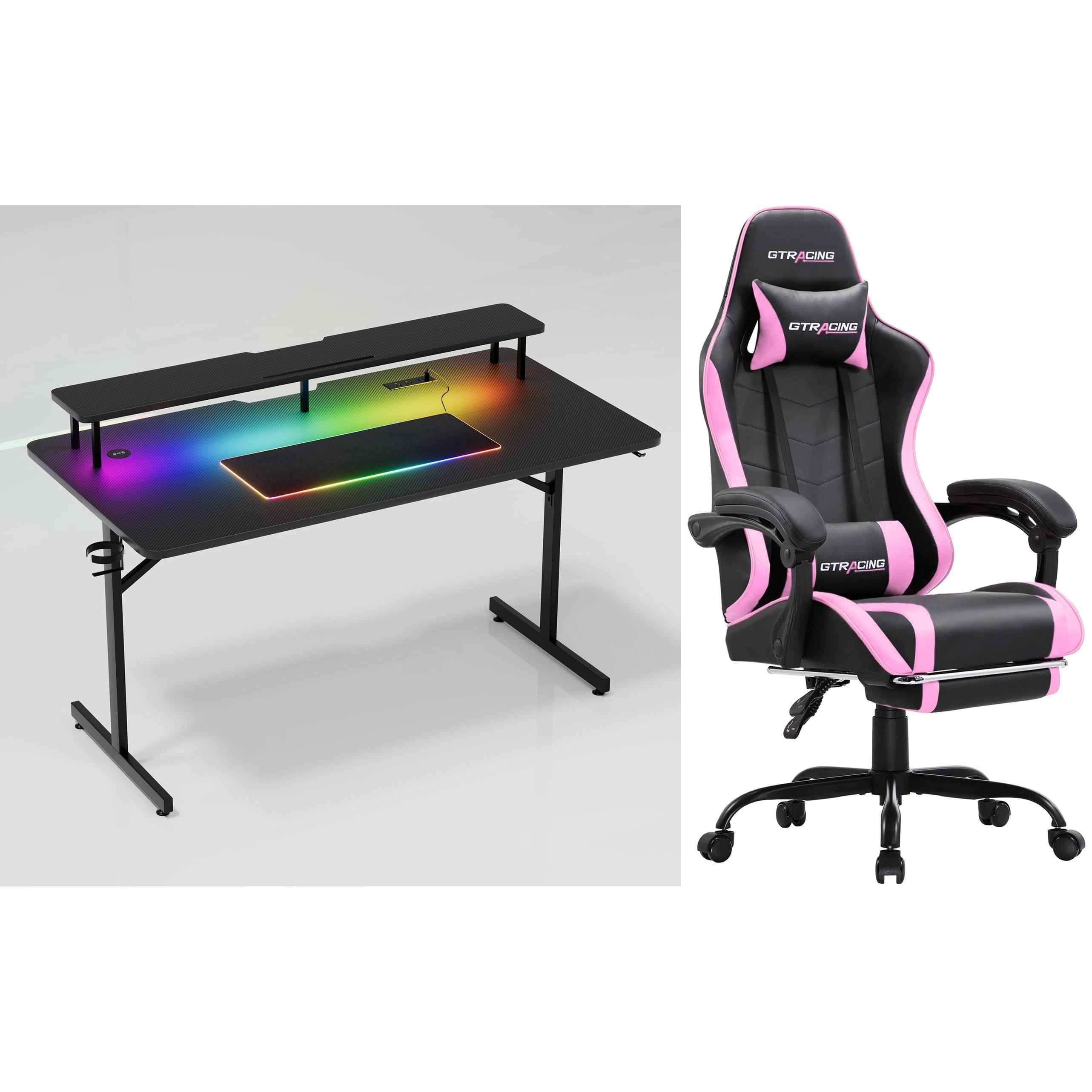GTRACING Home Office & Gaming Bundle: GTWD-200 Ergonomic Gaming Chair with Footrest & Lumina Elite LED Gaming Desk with Power Outlets, Wireless Charging, and Monitor Stand