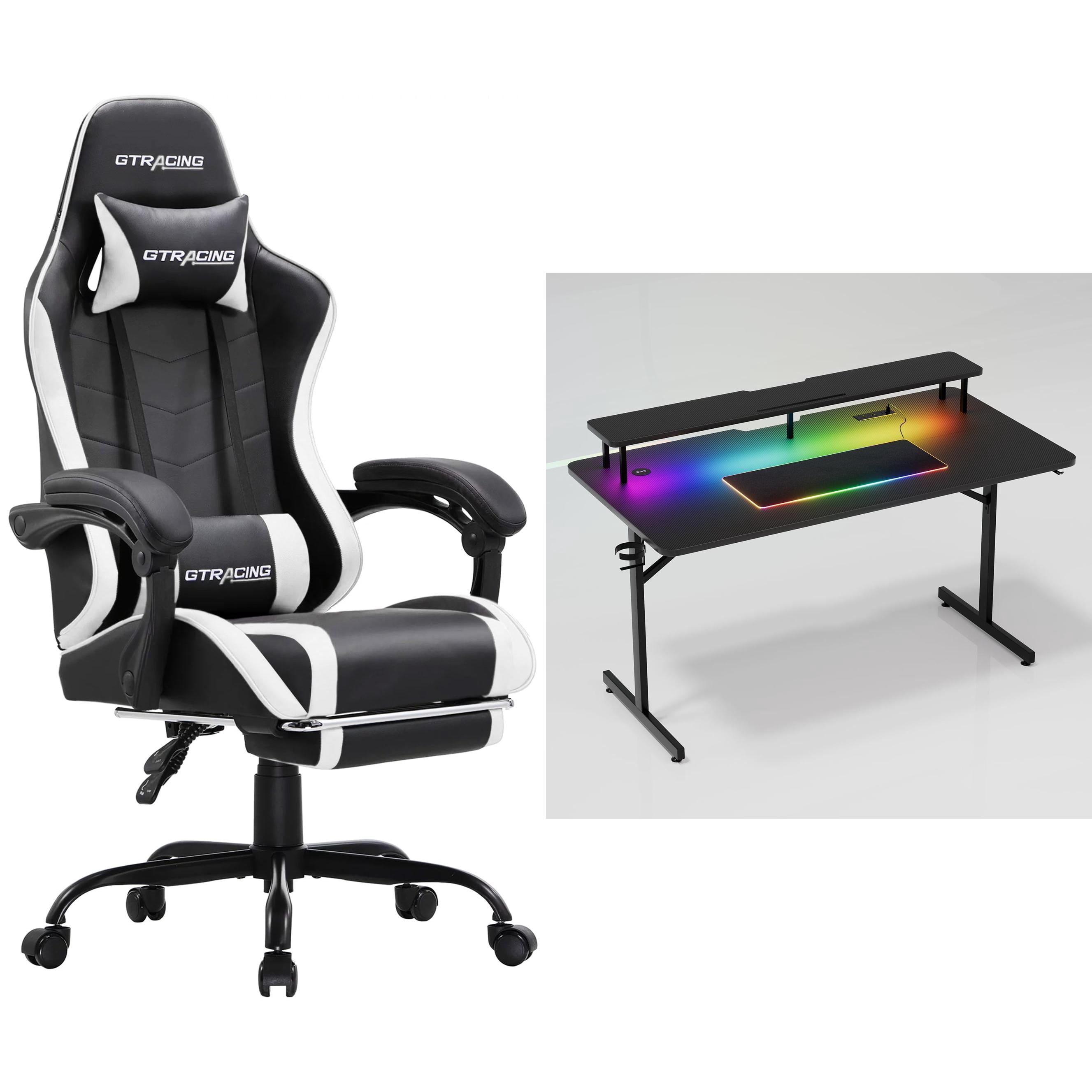 GTRACING Home Office & Gaming Bundle: GTWD-200 Ergonomic Gaming Chair with Footrest & Lumina Elite LED Gaming Desk with Power Outlets, Wireless Charging, and Monitor Stand