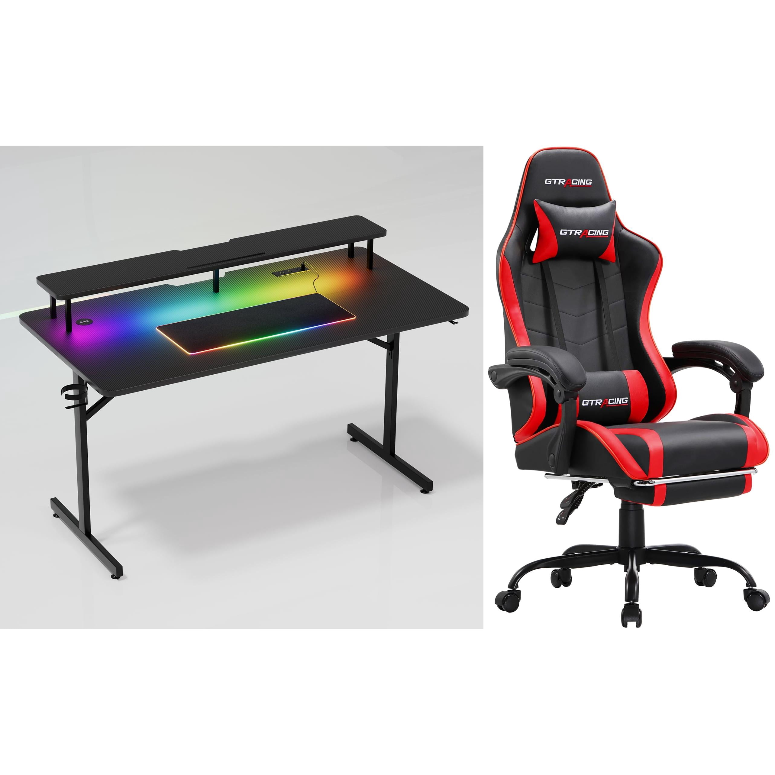 GTRACING Home Office & Gaming Bundle: GTWD-200 Ergonomic Gaming Chair with Footrest & Lumina Elite LED Gaming Desk with Power Outlets, Wireless Charging, and Monitor Stand