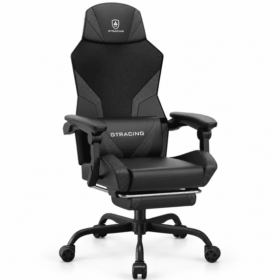 GTRACING Luft-400 Mesh & Faux Leather Ergonomic Gaming and Office Chair with Adjustable Reclining, Lumbar Support, and Footrest, Black with Carbon Fiber