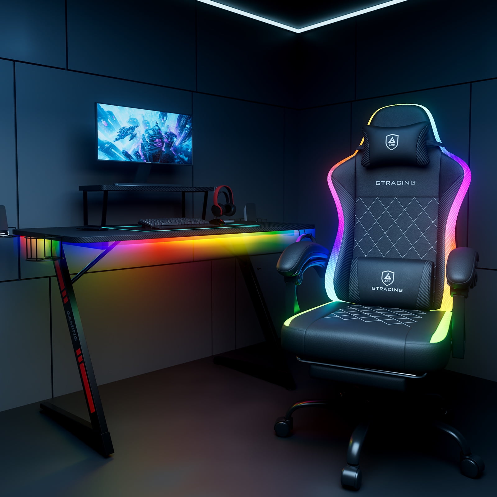 GTRACING Ergonomic LED Gaming Chair and Z Leg Shaped Gaming Desk Set, Black
