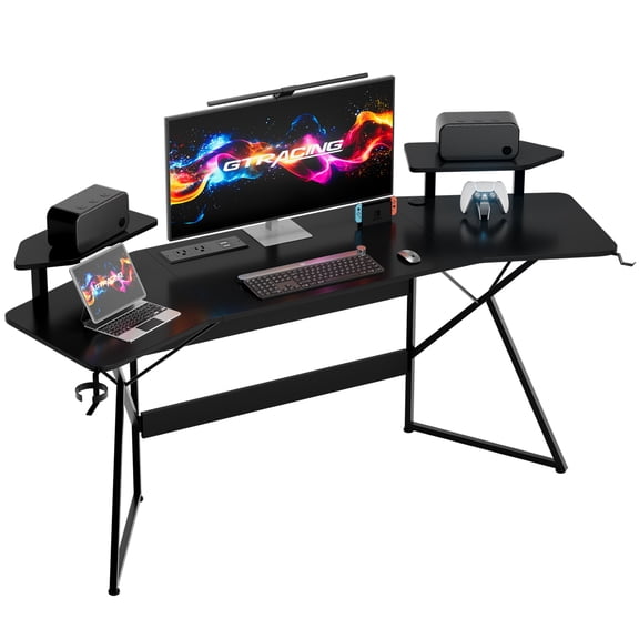 GTRACING Wing-Shaped Gaming Desk with Power Outlet, RGB LED Lights, Removable Monitor Stand, Full-sized Mouse Pad, Headphone Hook & Cup Holder, Black