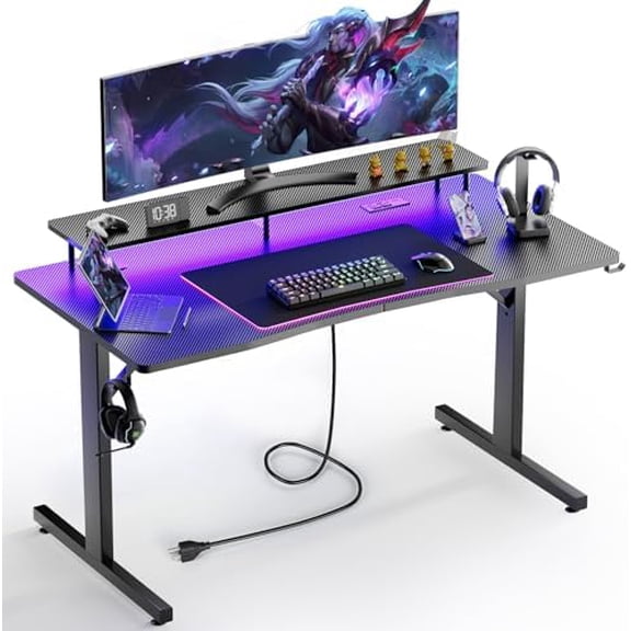 GTRACING55 Inch Gaming Desk with LED Lights & Power Outlet, Computer Gamer Desk with Monitor Stand, Ergonomic Carbon Fiber Gaming Table Home Office Desk with Headphone Hook & Mouse Pad