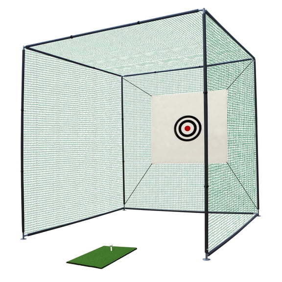 GTSABWAY 10x10x10FT Large Portable Sturdy Steel Frame Polyester Golf Practice Net Cage Hitting Training Aids with 59" Target Cloth for Full Swing Indoor Outdoor Backyard Driving Range, Green