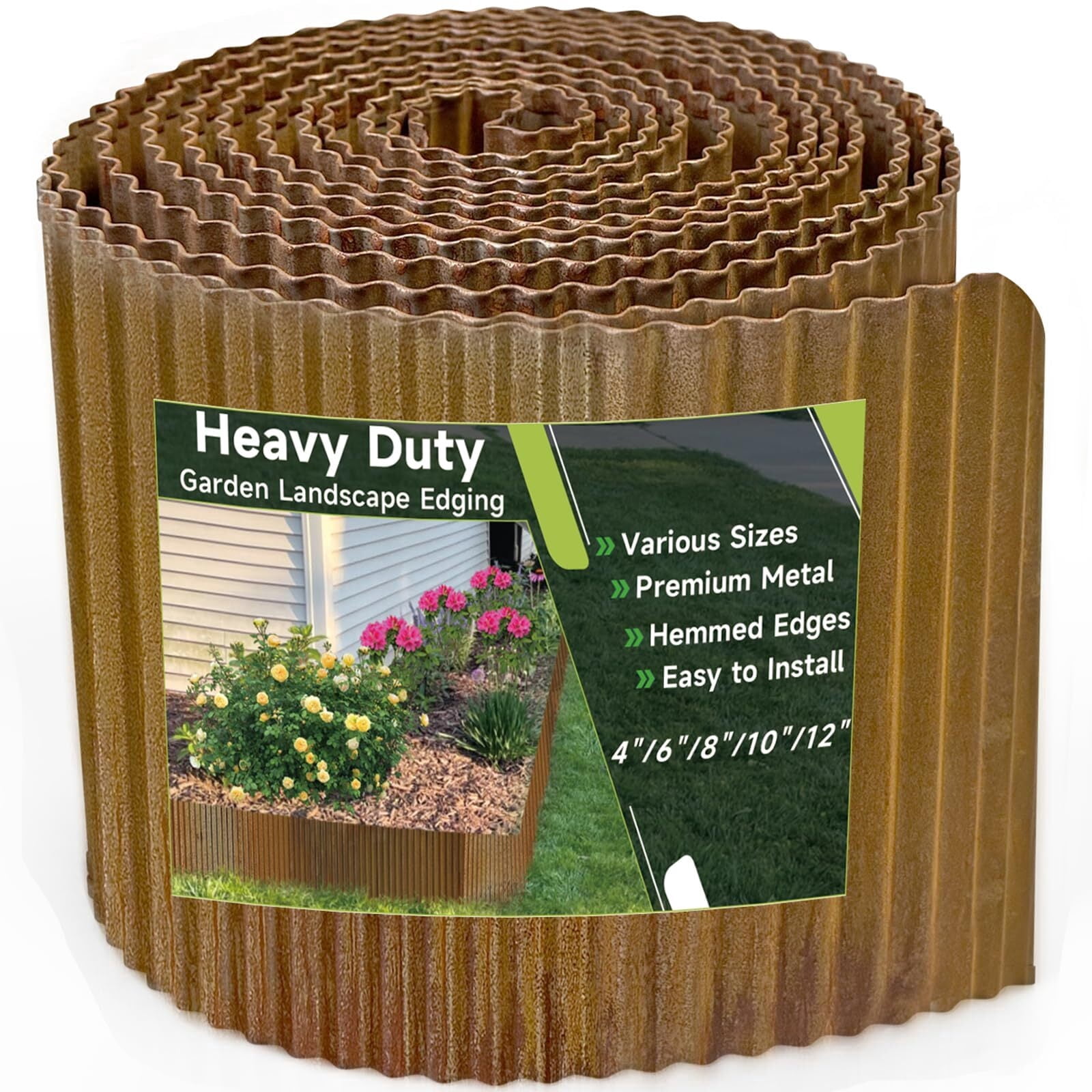 GTSABWAY 8"×20Ft Heavy Duty Corrugated Galvanized Steel Garden Landscape Edging, Flexible Hemmed Border for Weed & Mulch Control, Flower Beds Lawn & Tree Surrounds, Rusty
