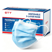 GTT Disposable 3-Layer Face Mask, Individually Wrapped, 50 Count, One Size, Breathable Protective Face Cover for Daily Use