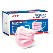 GTT Disposable 3-Layer Pink Face Mask, Individually Wrapped, 50 Count, One Size Soft Breathable Earloop Mask for Adult Daily Use