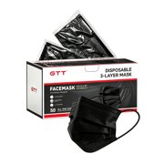 GTT Disposable 3 Ply Black Face Mask, Individually Wrapped, 50 Count One Size Breathable Disposable Face Masks for Daily Office Travel Use