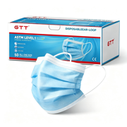 GTT Disposable Ear Loop Face Masks, ASTM Level 1, Blue, 50 Pieces, Latex Free, Breathable 3 Ply Daily Protective Masks