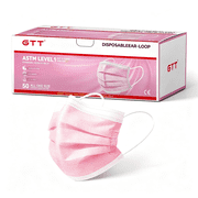 GTT Disposable Ear‑Loop Face Masks, ASTM Level 1, Pink, 50 Pieces, Latex‑Free, Breathable 3‑Ply Protective Masks for Daily Use
