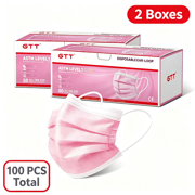GTT Disposable Earloop Face Masks, ASTM Level 1, Pink, 2 Boxes / 100 PCS Total, 3-Ply Breathable Non-Latex Face Coverings for Daily Use