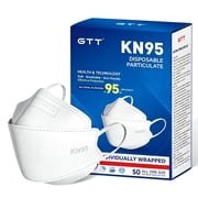 GTT KN95 Disposable Face Masks, 50 Count Individually Wrapped, 5 Layer Breathable Safety Mask, 95% Filtration Efficiency, One Size White KN95 Masks for Daily Work Travel Use