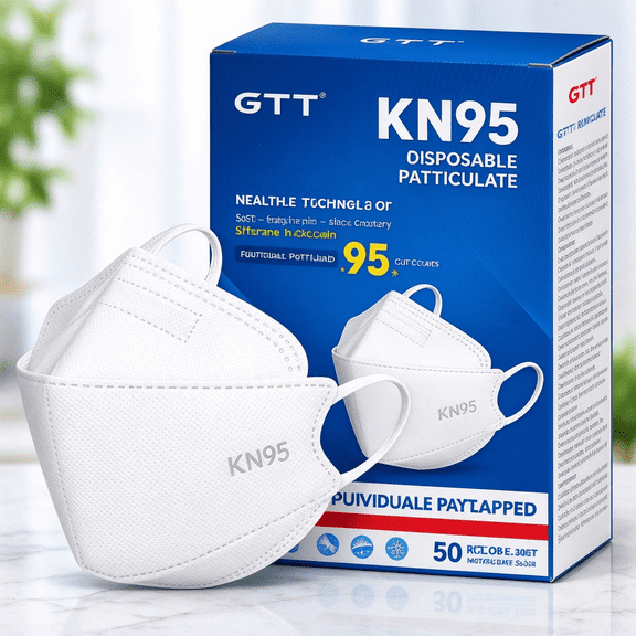 GTT KN95 Disposable Face Masks, White, 2 Boxes, 50 Count Each, Individually Wrapped, Breathable Protective Masks, One Size
