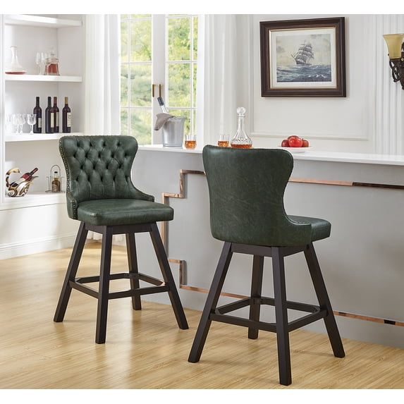 GTU Furniture 29-Inch Upholstered Bar Stools Set of 2, Swivel Bar Stools with Backs, Solid Rubber Wood Legs and Padded Seat & Back, Modern Upholstered Bar Chairs with Faux Leather (Green)