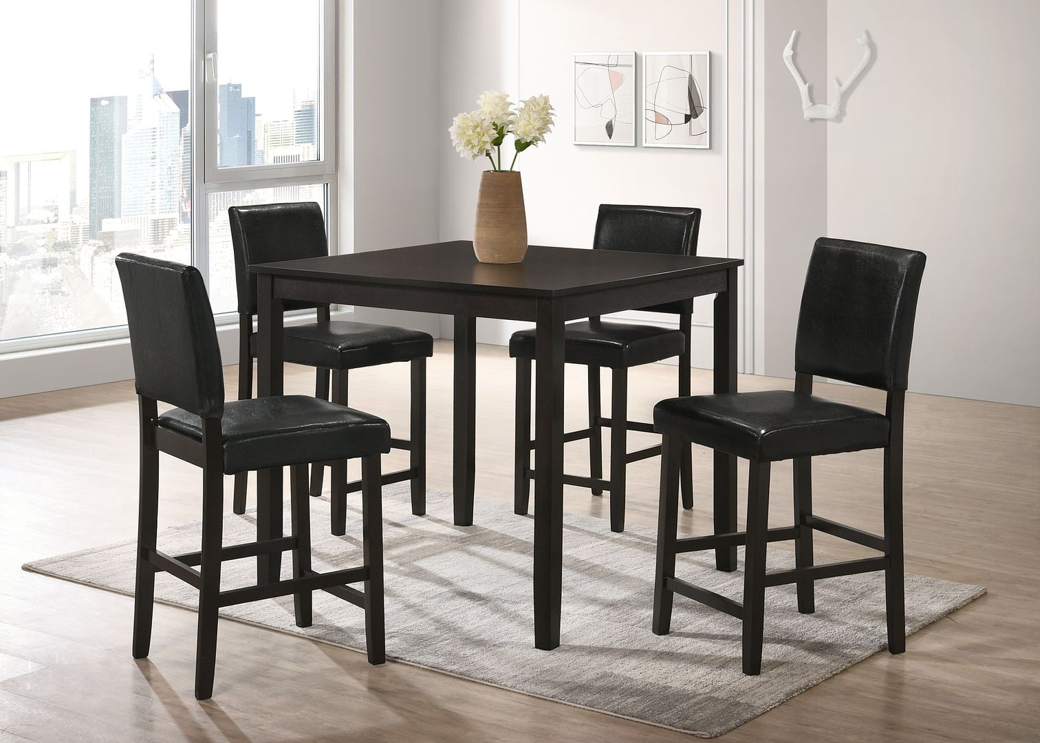 Black Solid Wood Counter Height Dining Table Set with Faux Leather Chairs