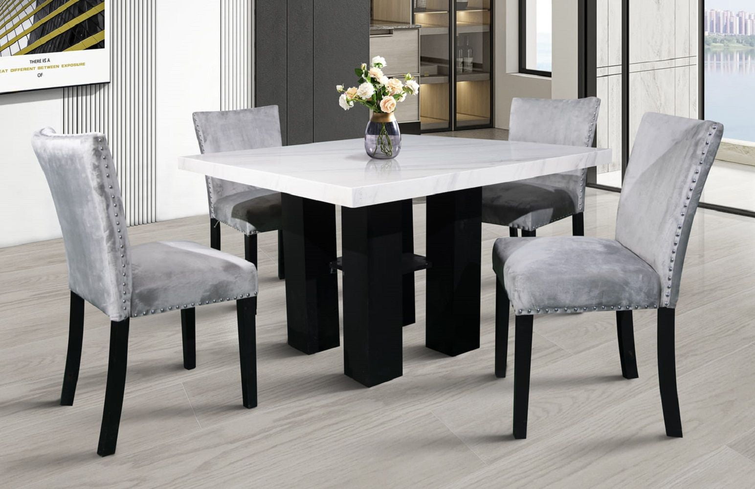 GTU Furniture 5Pc Dinning Square Table with Faux Marble Top and 4