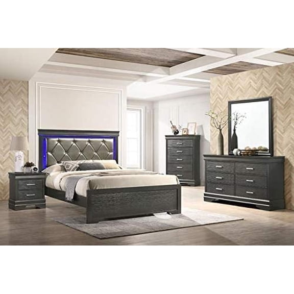 GTU Furniture B420 5-Piece Queen Bedroom Set, Dark Gray Wood, LED Headboard
