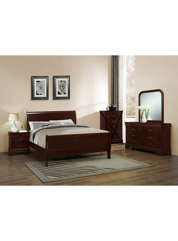 GTU Furniture Classic Louis Philippe Styling Deep Cherry 4Pc Queen Bedroom Set