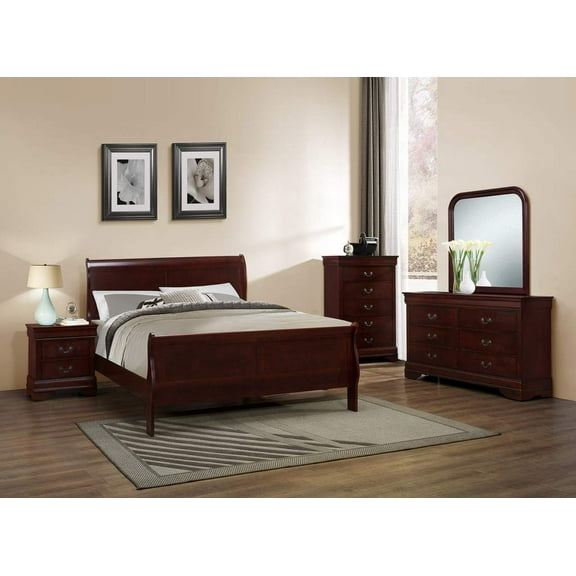 GTU Furniture Classic Louis Philippe Styling Deep Cherry 6Pc Wooden Queen Bedroom Set