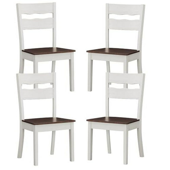 GTU Furniture Set of 4 Two Tone Classic Wood Armless Kitchen Dining White Ladder Back Chairs Solid Wood Modern Style with Brown Seat