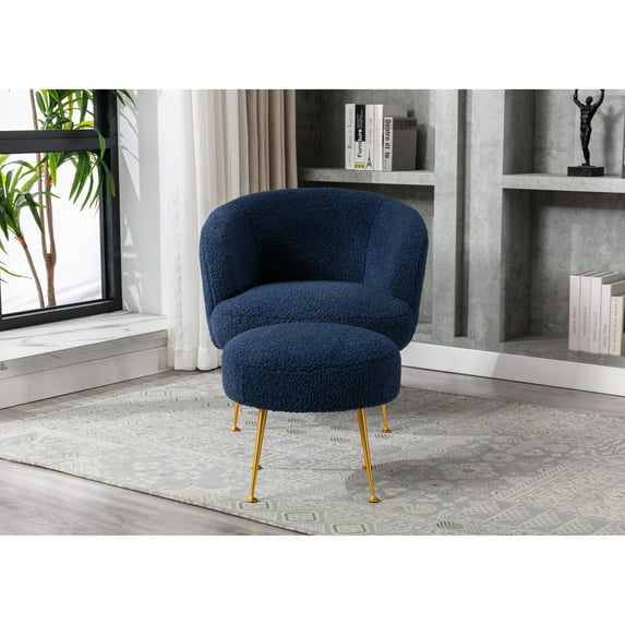 GTU Furniture Teddybear Plush Arm accent Chair with Gold Metal Legs with Ottoman Blue