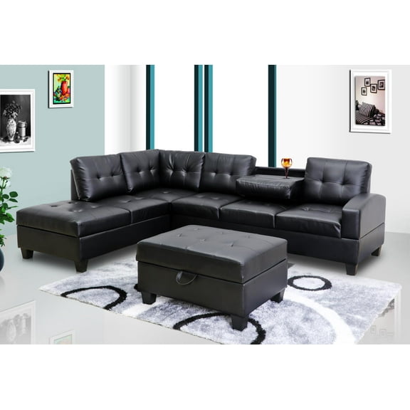 GTU Furniture with Ottoman Leather Easy Assembly Sectional Sofa, Black