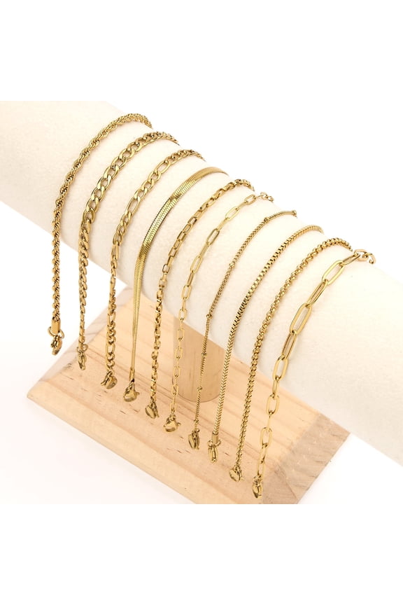 10PCS Bracelet Chains Bulk Stainless Steel 18K Gold Plated 6.5 Inches Various Styles Chain Bracelets Kit for Women DIY Jewelry Making