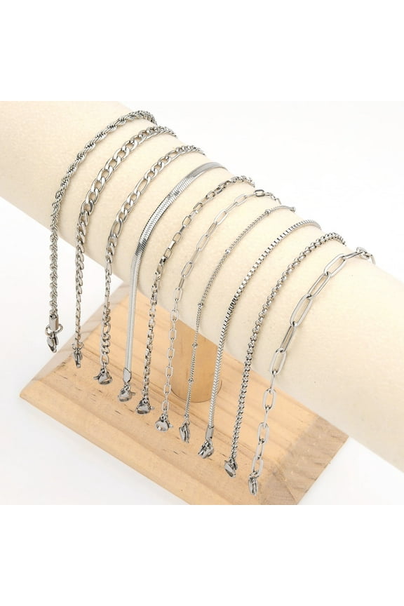 10PCS Stainless Steel Bracelet Chain Kit for Jewelry Making Various Styles 6.5Inch Permanent Bracelet Chains Bulk with Lobster Clasps for DIY Women Jewelry Findings