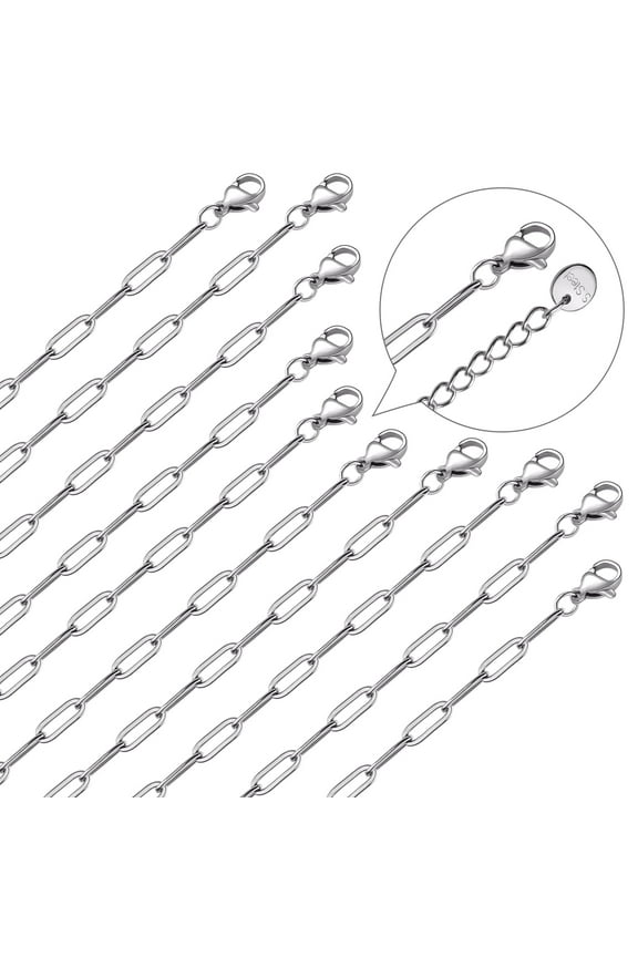 10Pcs Paperclip Chain Necklace 20 Inch 3x9mm Stainless Steel Adjustable Link Chains Bulk for Women Necklace Jewelry Making