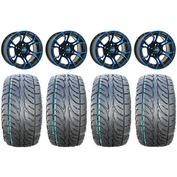 GTW Spyder 12" Golf Cart Wheels Blue 23" Fusion ST Tires E-Z-GO & Club Car