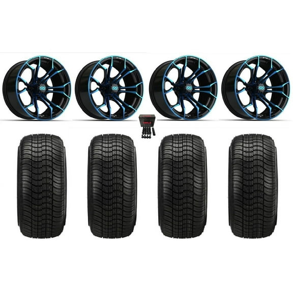 GTW Spyder 15" Golf Cart Wheels Black/Blue 205x35 Elite Tires Yamaha