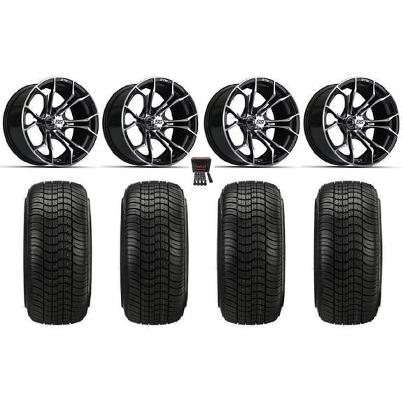 GTW Spyder 15" Golf Cart Wheels Gloss Black 205x35 Elite Tires Yamaha