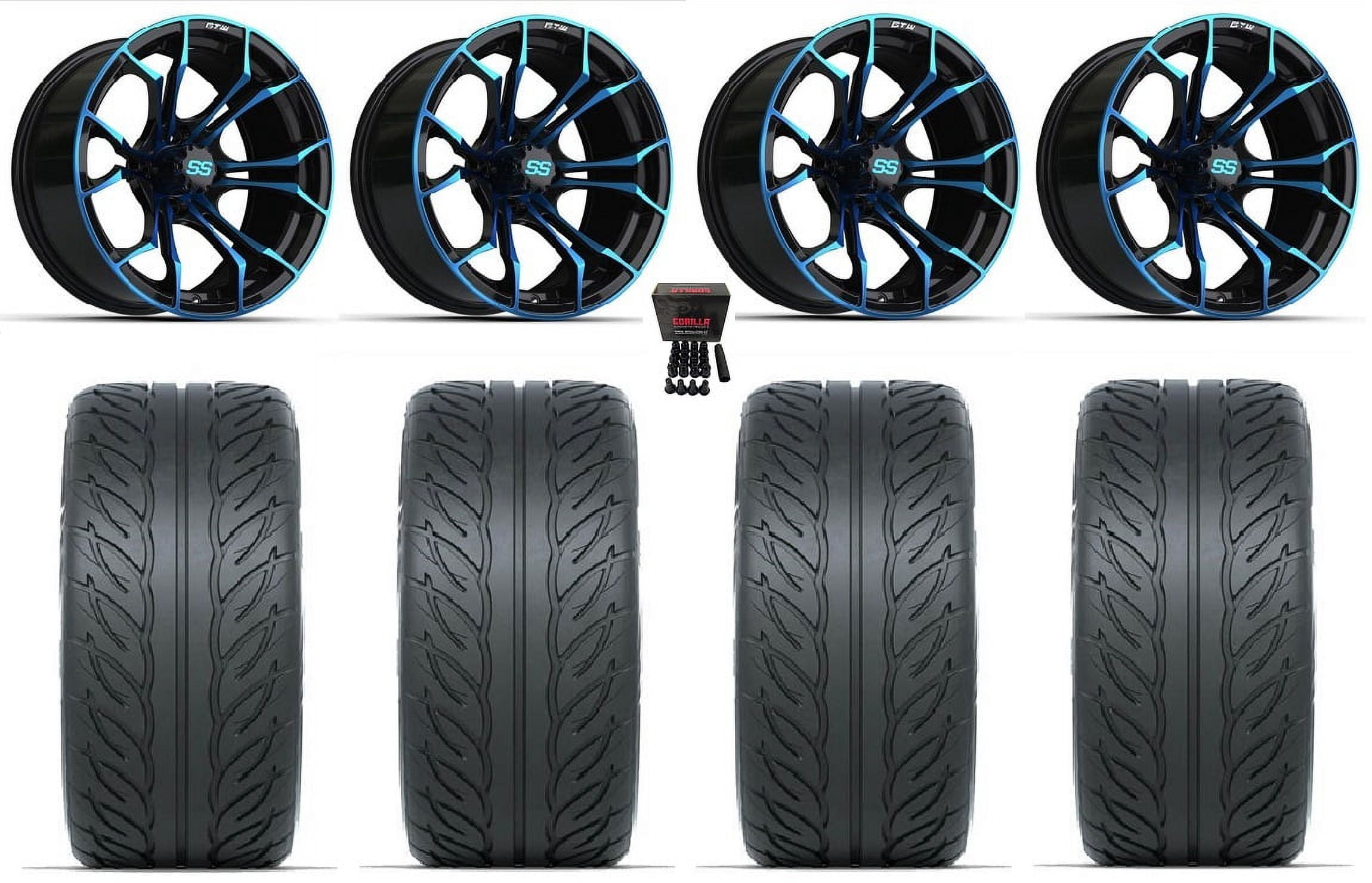 GTW Spyder 15" Golf Wheels Bk/Blue Fusion GTR 215x40-15 Tires E-Z-GO & Club Car