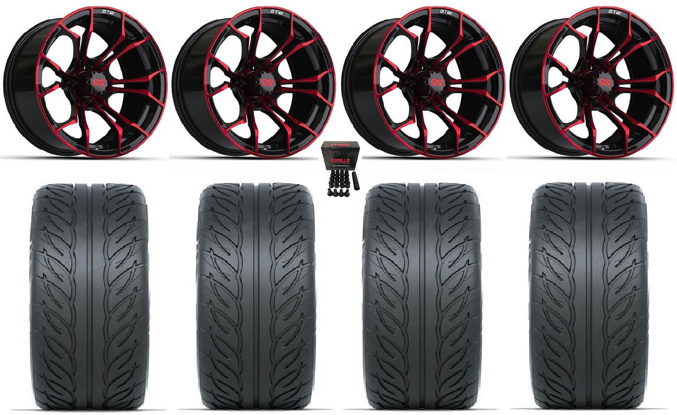 GTW Spyder 15" Golf Wheels Black/Red Fusion GTR 215x40-15 Tires E-Z-GO & ClubCar