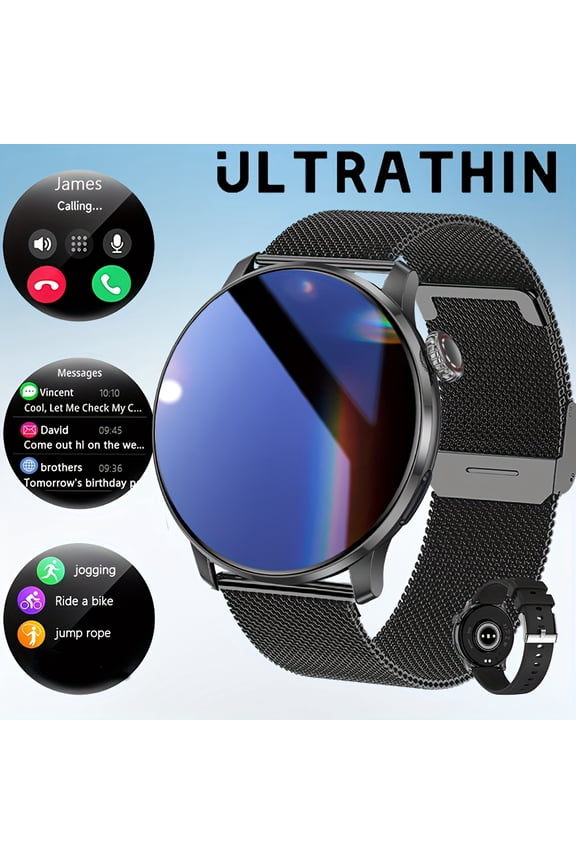 GTX13 AMOLED Sports Smartwatch, Compact Thin Design, Full Touchscreen, Wireless 5.3, Call/SMS, 100+ Exercise Modes, Fitness Tracker, Metal Band, USB Charging, iPhone/Android Compatible
