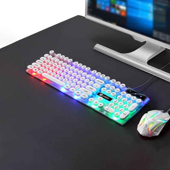 GTX300 Punk USB Wired Gaming Keyboard Mouse Combo, Staron 104 Key Mechanical Feel Backlit Suspension Keys, Ergonomic RGB Luminous Set for PC E-sports Office, White