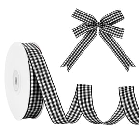 GTYBOVA Gingham Black Ribbon, 5/8 Inch x 25 Yards Polyester Plaid Checked Ribbon with Woven Edge, for Gift Wrapping, Wedding, DIY Craft, Sewing & Home Decoration