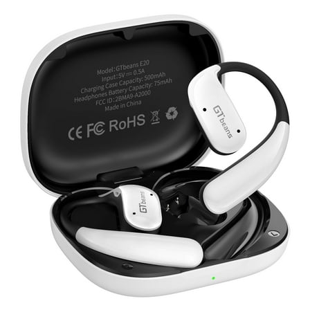 GTbeans E20 Open-Ear Earphones OWS Ear Hooks Wireless Bluetooth 6.0 Headphones IP55 Waterproof 56 Hrs Playtime 4 Mic Clear Call Sports Earbuds, White