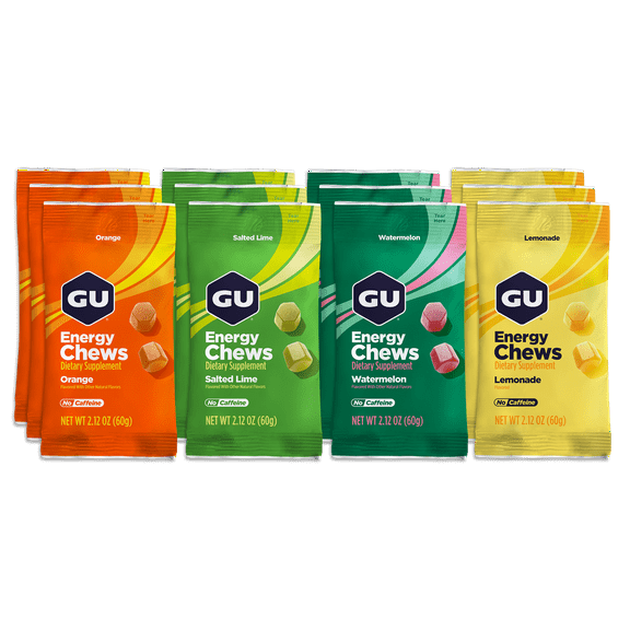 GU Energy Chews, Assorted Flavors, Caffeine-Free, 12 Pkt Box, Energy Gummies for Workouts