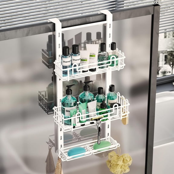 3 Tier Over the Door Shower Caddy, Hanging Shower Caddy with 16 Hooks and 2 Soap Holders, No Drilling Adjustable Hanging Bathroom Organizer - White