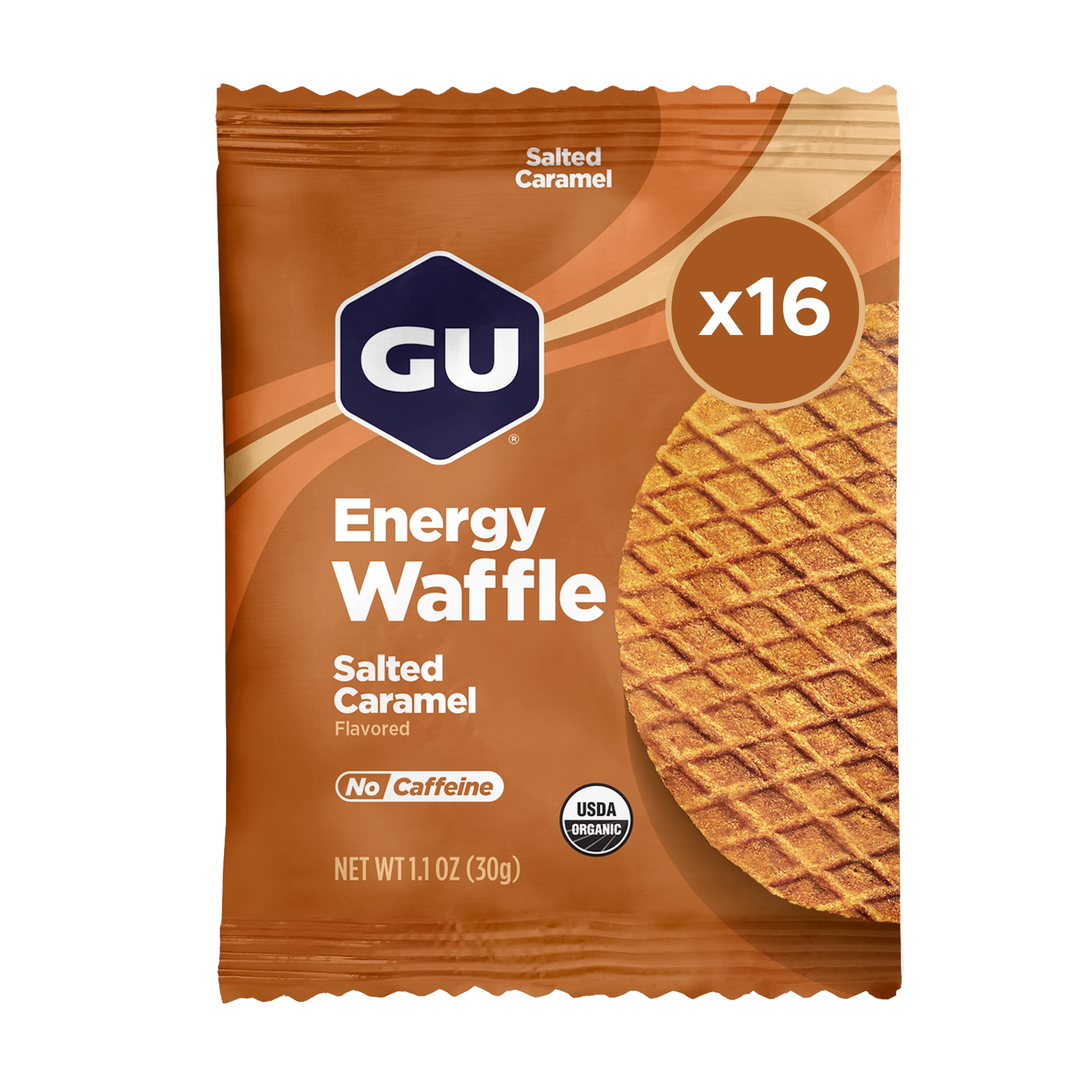 GU Energy Waffles, Salted Caramel, Caffeine-Free, 16ct Box, On-the-Go Energy for Any Workout