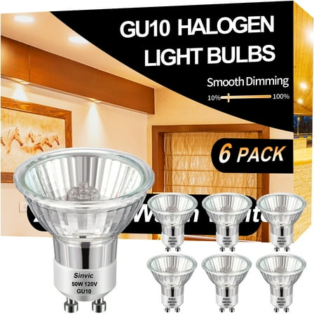 GU10 Halogen 50W Bulbs, 6 pack GU10 C 120V 50W with 2800k Warm White, Long Lifespan GU10 MR16 Dimmable for Track & Recessed Lighting